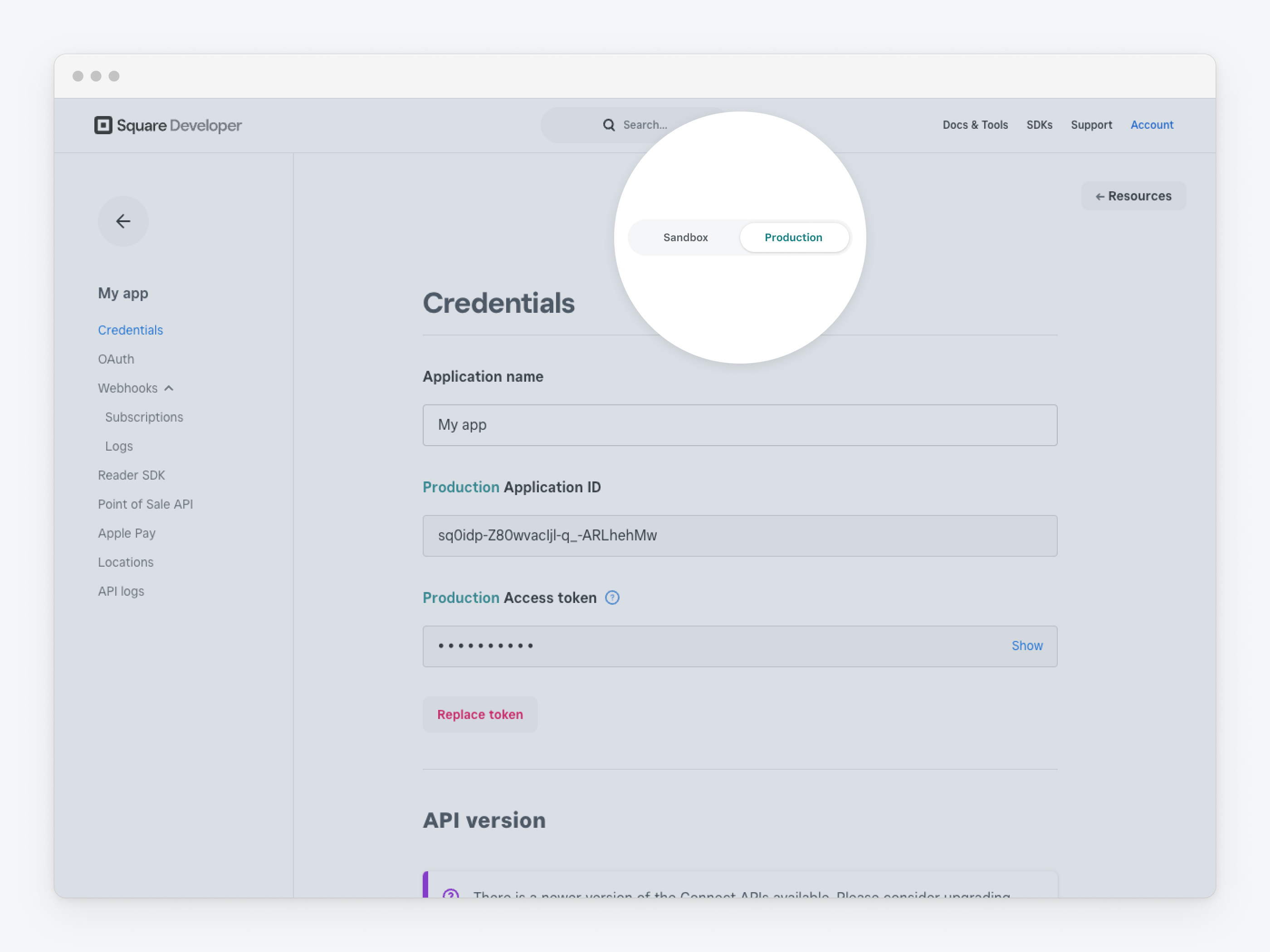 A screenshot showing the Sandbox/Production environment toggle for an application in the Developer Console.