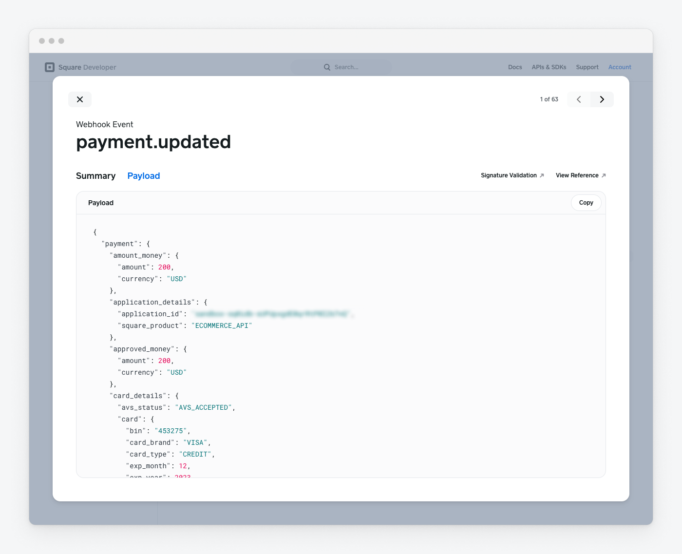 A screenshot of the Payload tab showing the notification that was sent to your webhook event notification endpoint.