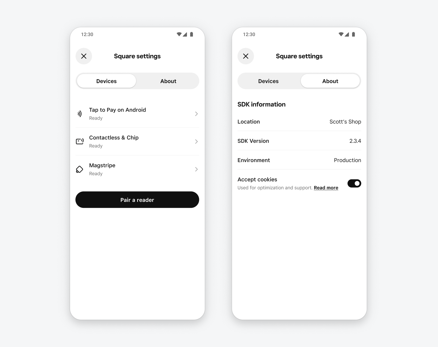 The Mobile Payments SDK's built-in settings screen, with tabs for the devices (readers) connected to the mobile device, and information about the SDK: its version, authorized location, and a toggle to accept cookies.