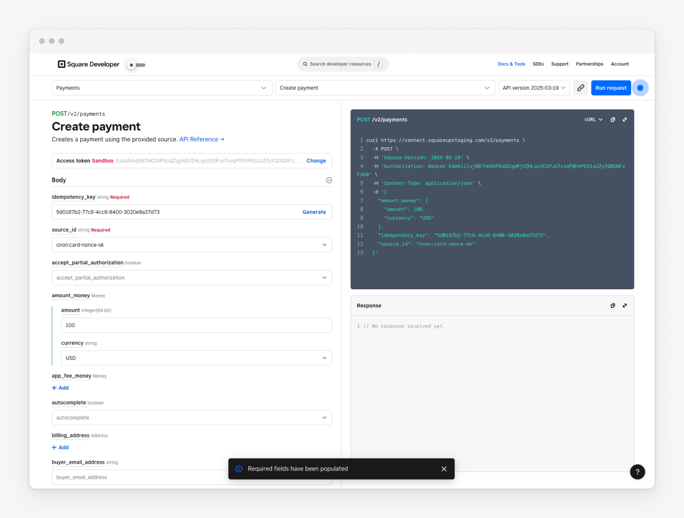 An image of API Explorer populated with CreatePayment values.