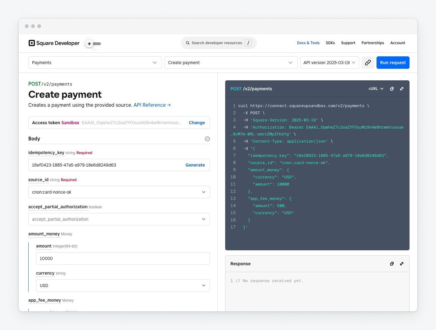 A screenshot showing a CreatePayment request in API Explorer.