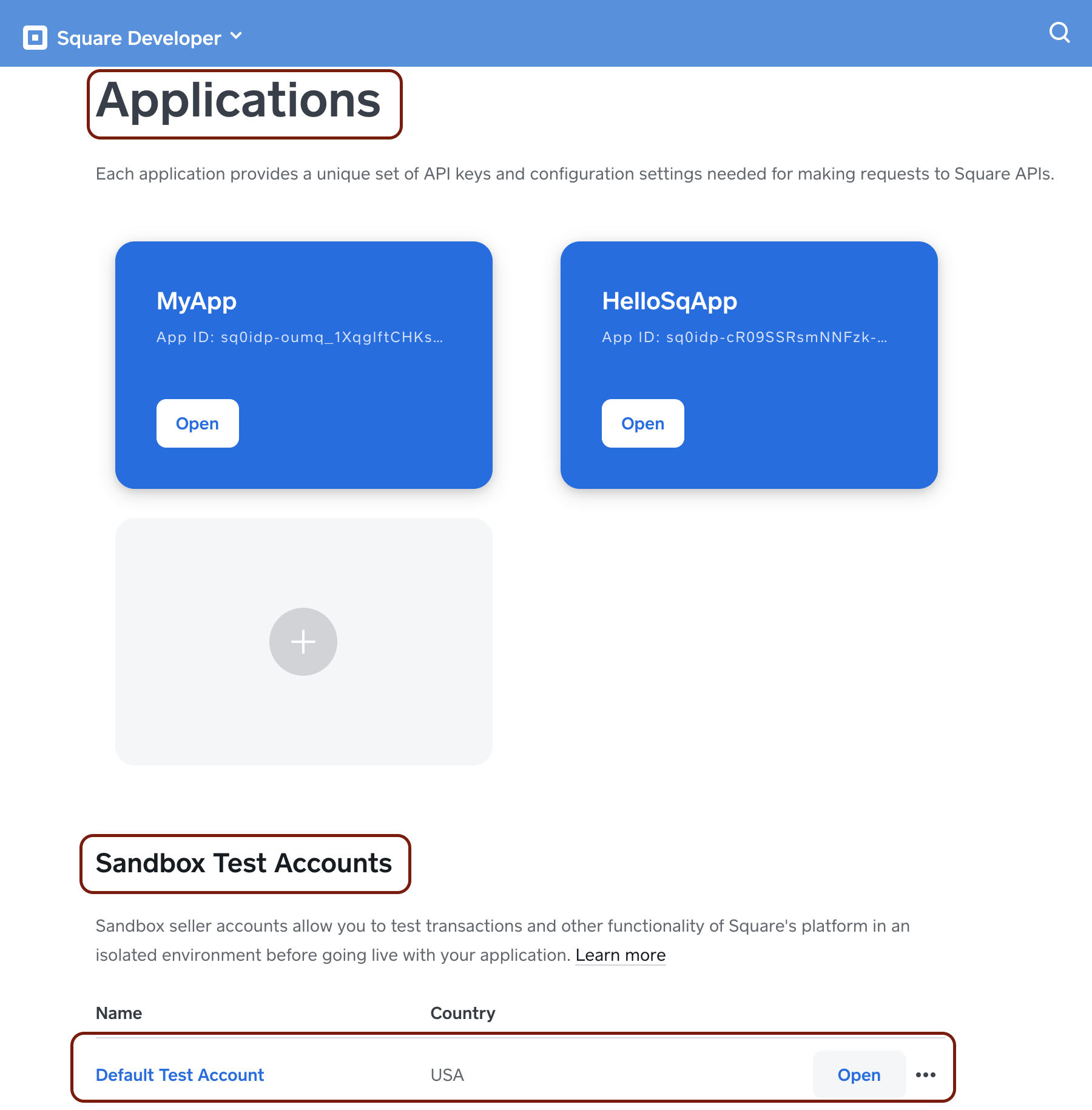 A screenshot showing the Applications page in the Square Developer Console to onboard a Sandbox account.