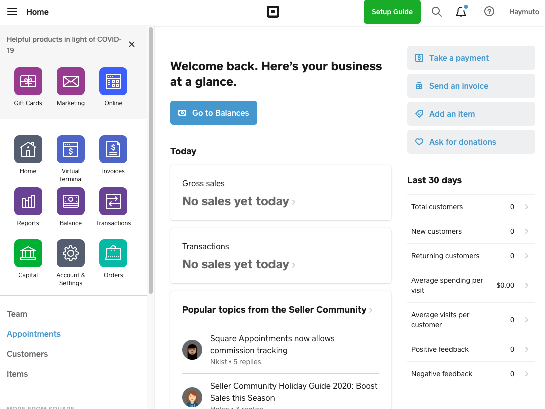A screenshot showing the Appointments start page of the Square Dashboard in the production environment.