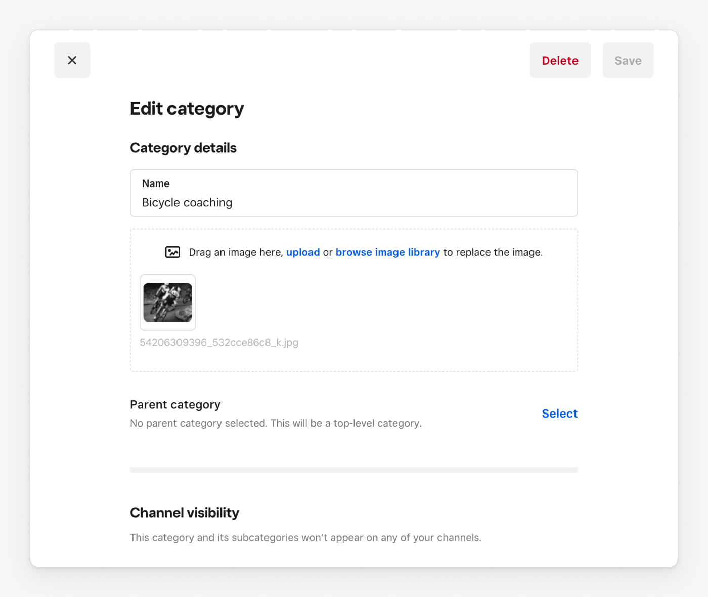 A screenshot of the Category Edit dialog in the Square Dashboard with an uploaded image shown.