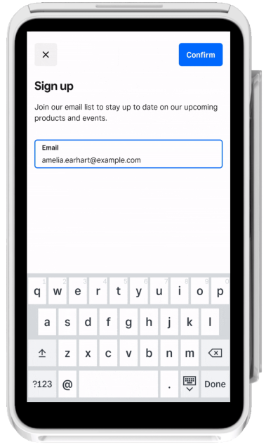 A Square Terminal showing a buyer's email address entered in the input field.