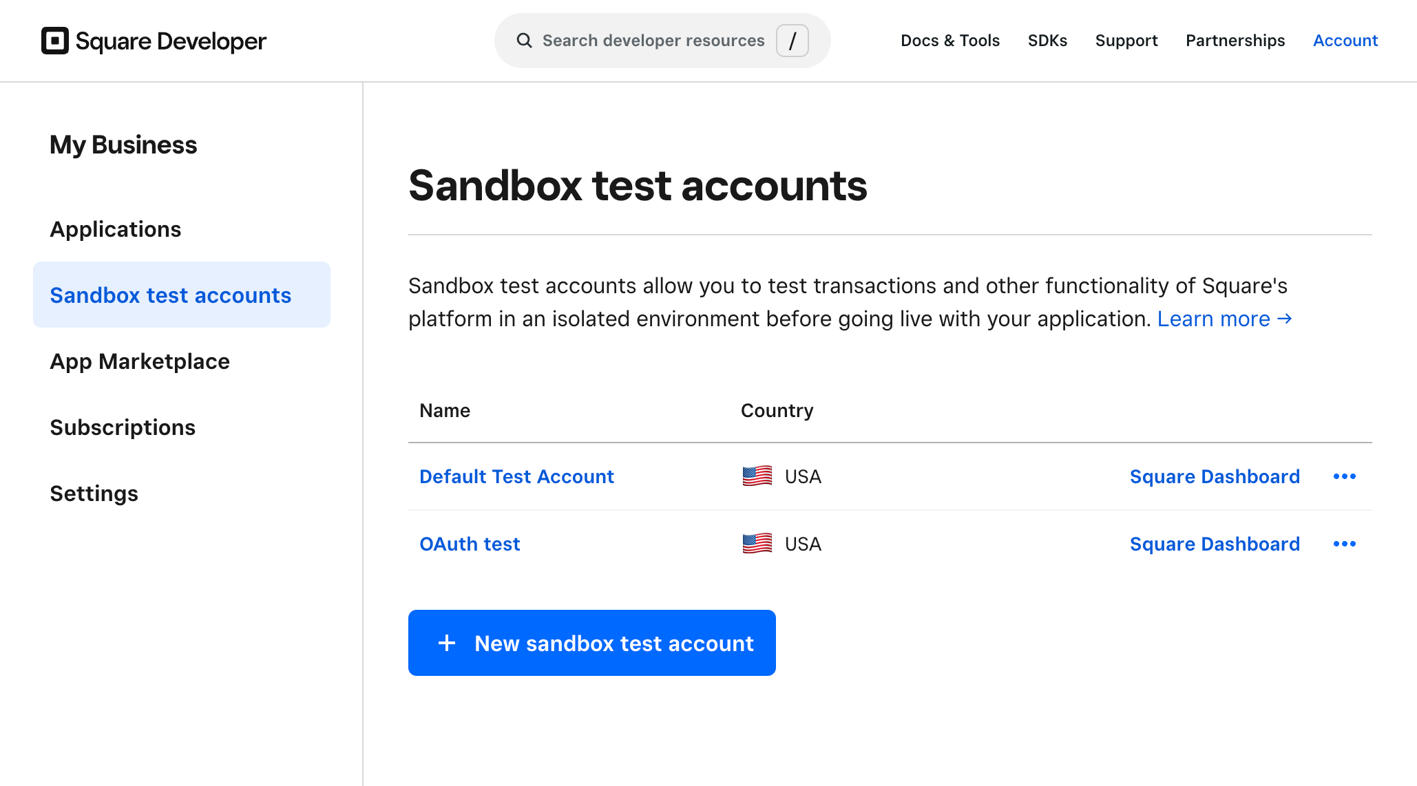 A screenshot showing the Sandbox test accounts page in the Developer Console.