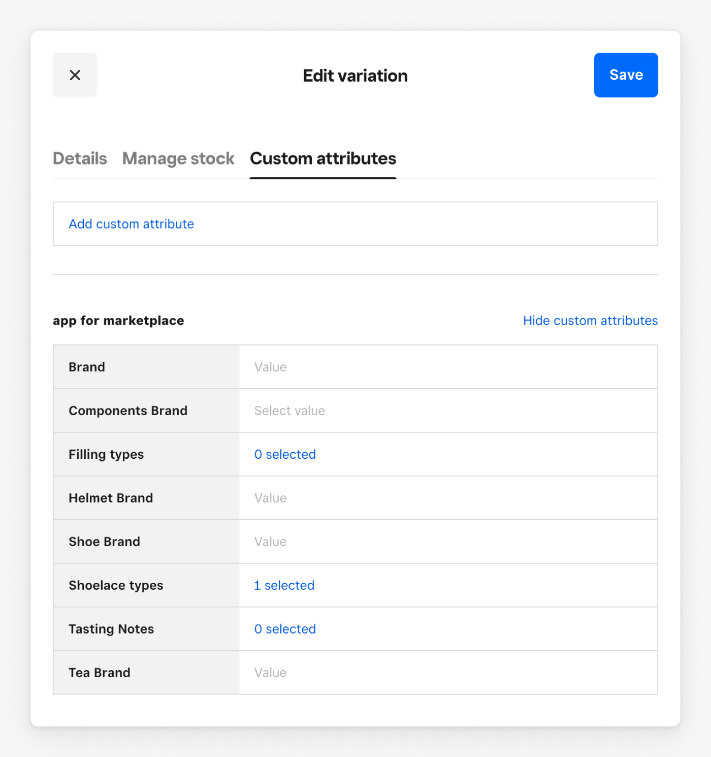 An image of the Square Dashboard Item Library with the Edit Item page open to the Custom attributes section.