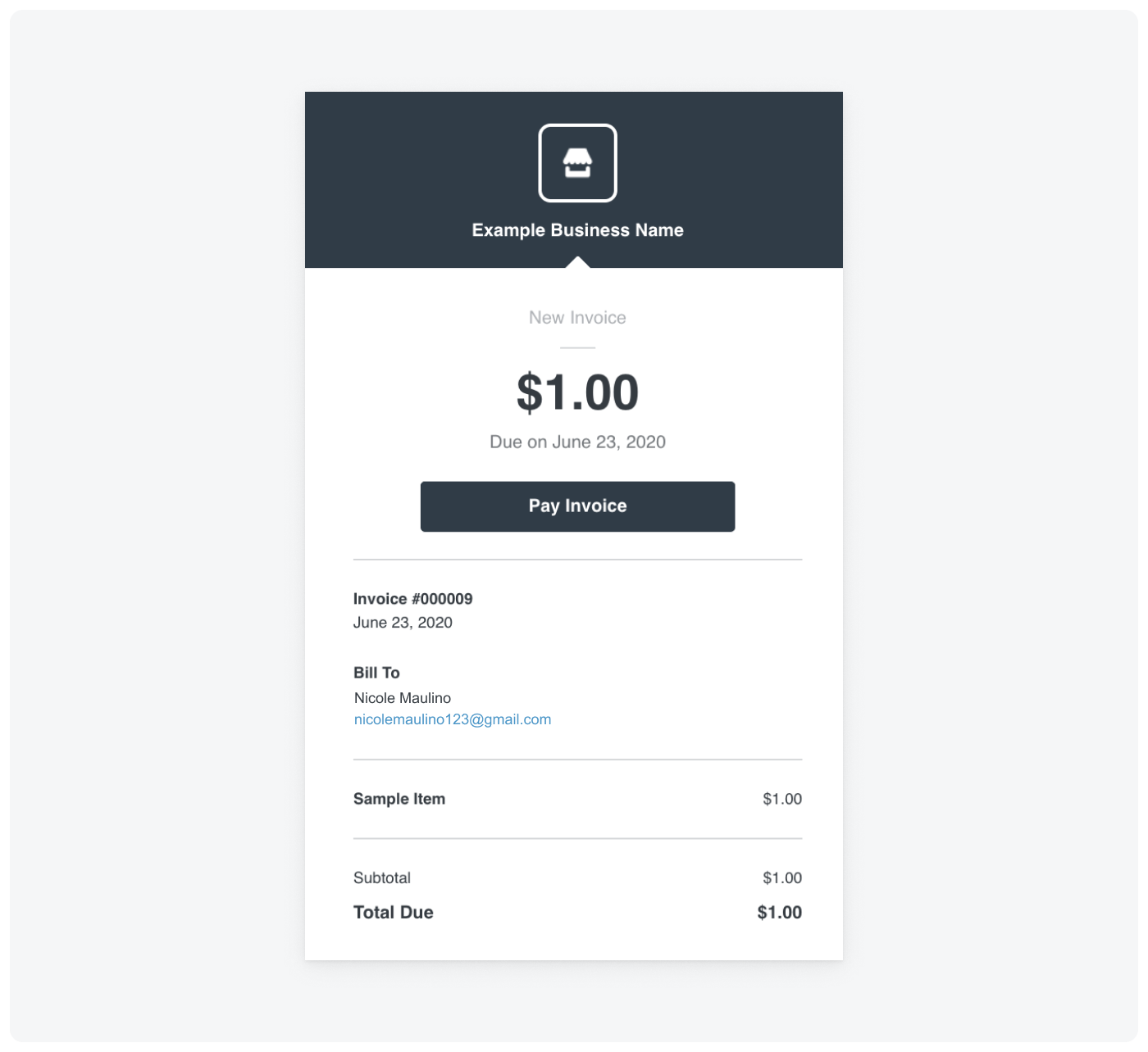 An example invoice that Square emails to customers, which includes a "Pay Invoice" button that opens to the invoice payment page.