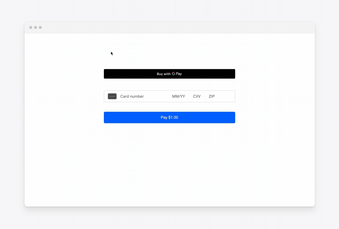 An animation showing the Google Pay payment method being clicked to open the Google Pay sheet and being used to pay $1.00.