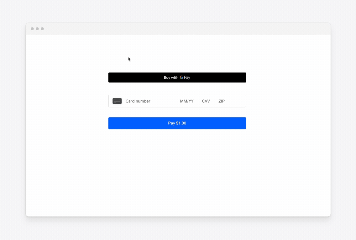 An animation showing the Google Pay payment method being clicked to open the Google Pay sheet, the buyer selecting a different shipping option, the total purchase amount being updated, and $2.20 being paid.