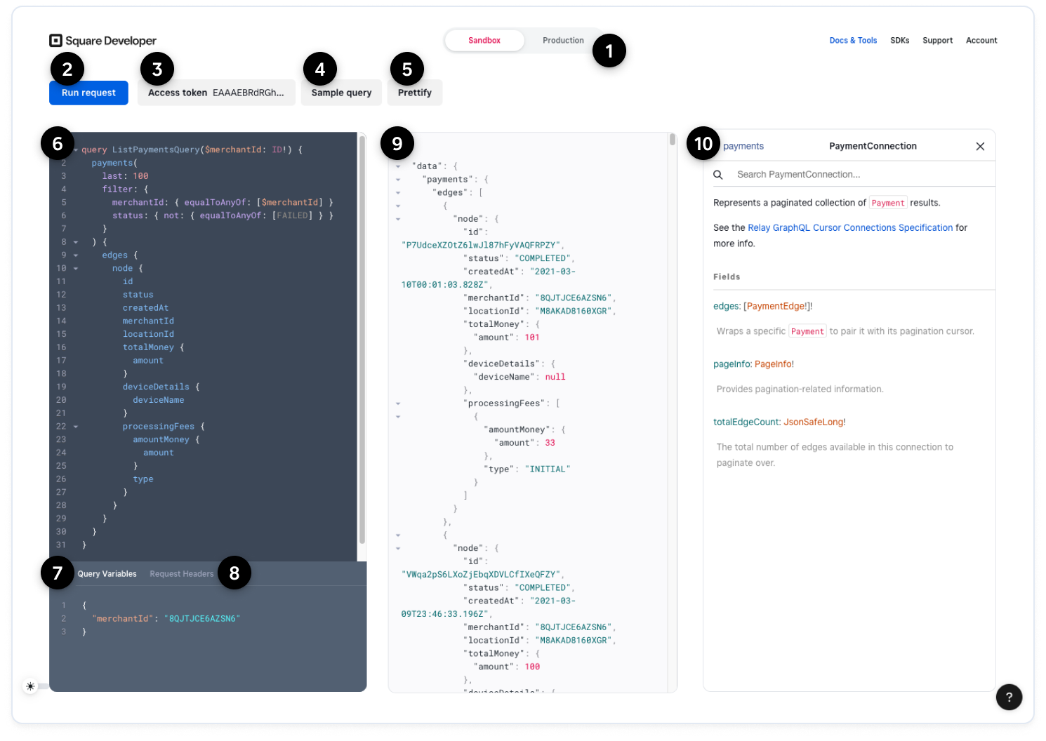 A screenshot of GraphQL Explorer with numbered features.