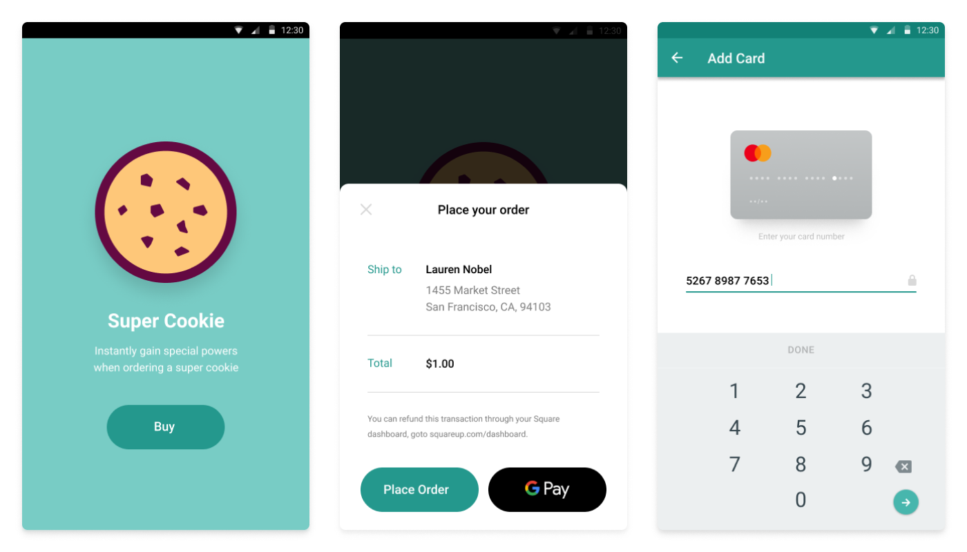 A graphic showing a mobile device rendering the three UI pages rendered in the complete In-App Payments SDK Quickstart sample.