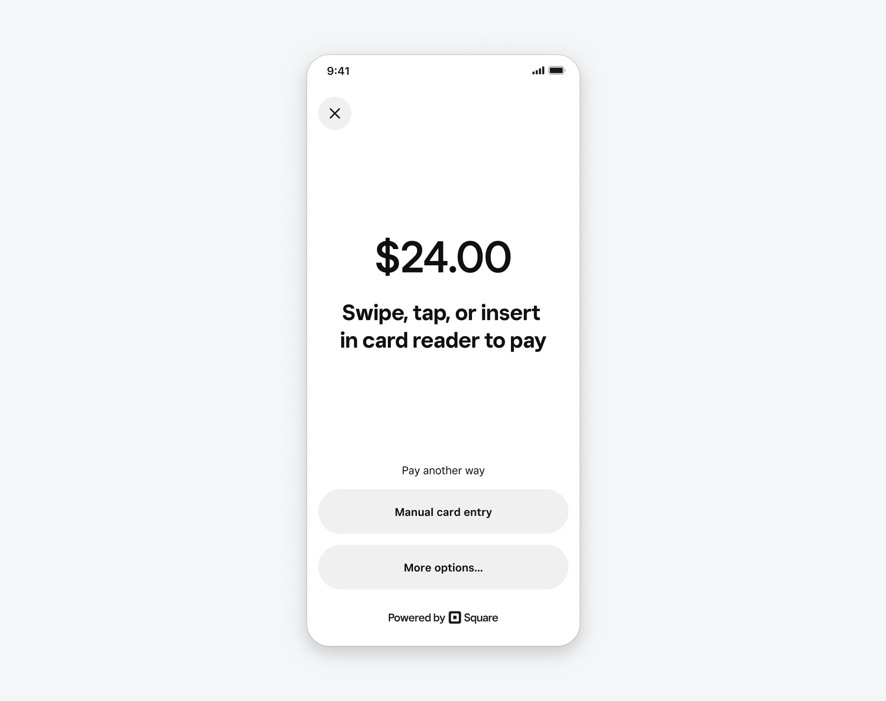 A graphic showing the Square-provided payment prompt screen for the Mobile Payments SDK. The screen shows a 24 dollar payment and prompts the buyer to swipe, tap, or insert in card reader to pay.