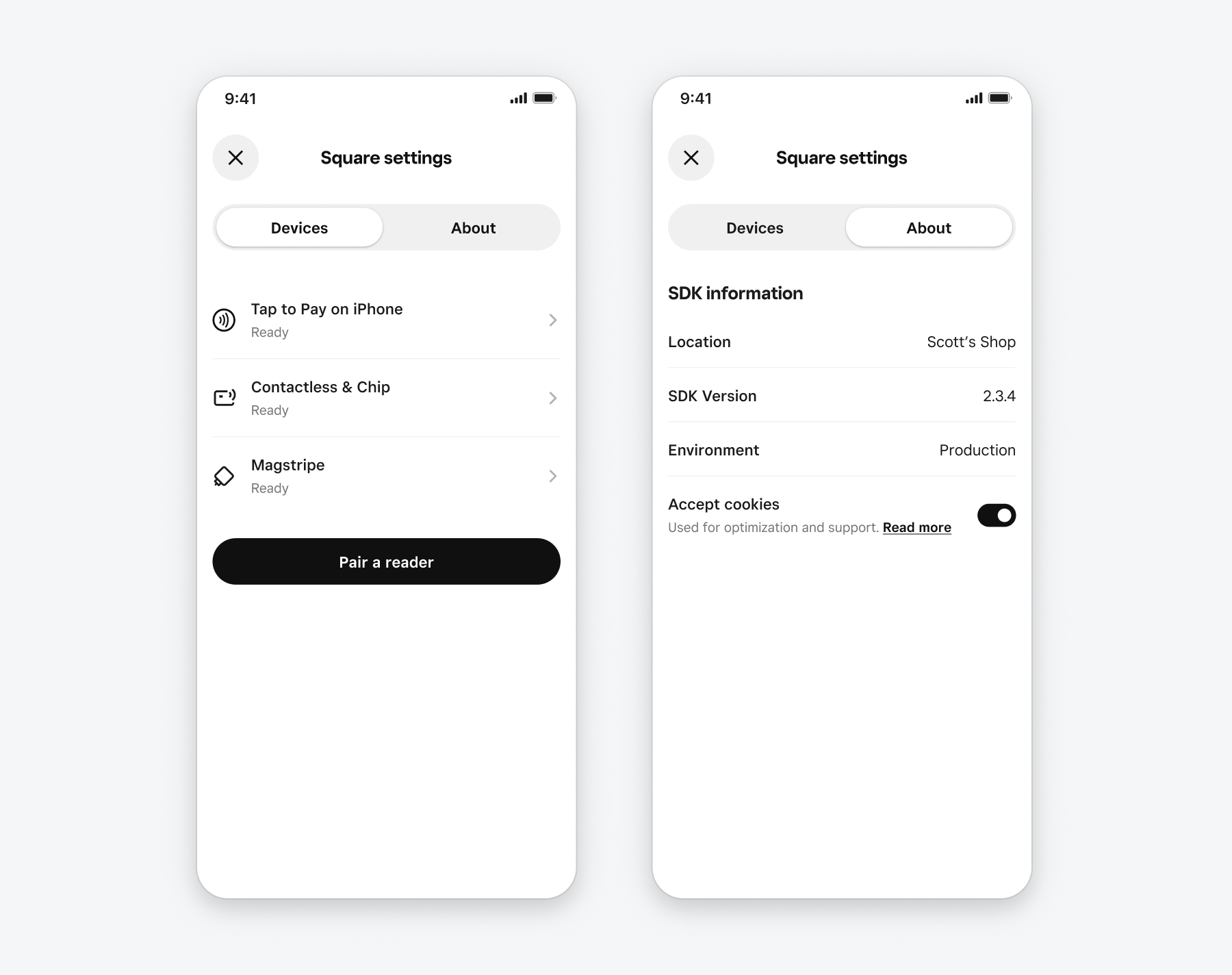 The Mobile Payments SDK's built-in settings screen, with tabs for the devices (readers) connected to the mobile device, and information about the SDK: its version, authorized location, and a toggle to accept cookies.