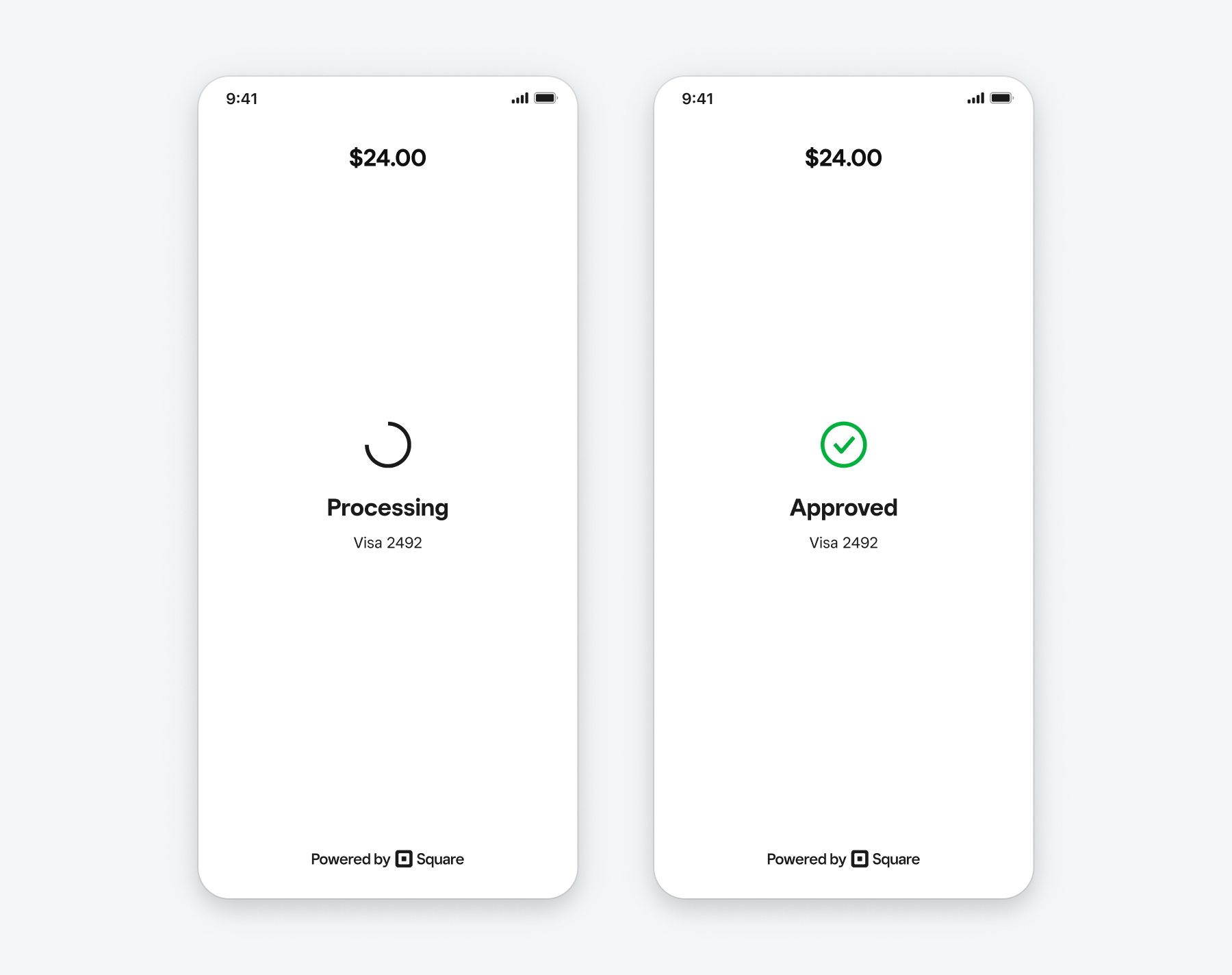 A graphic showing two payment screens in the Mobile Payments SDK, showing a 24 dollar payment going through "Processing" and "Approved" status.