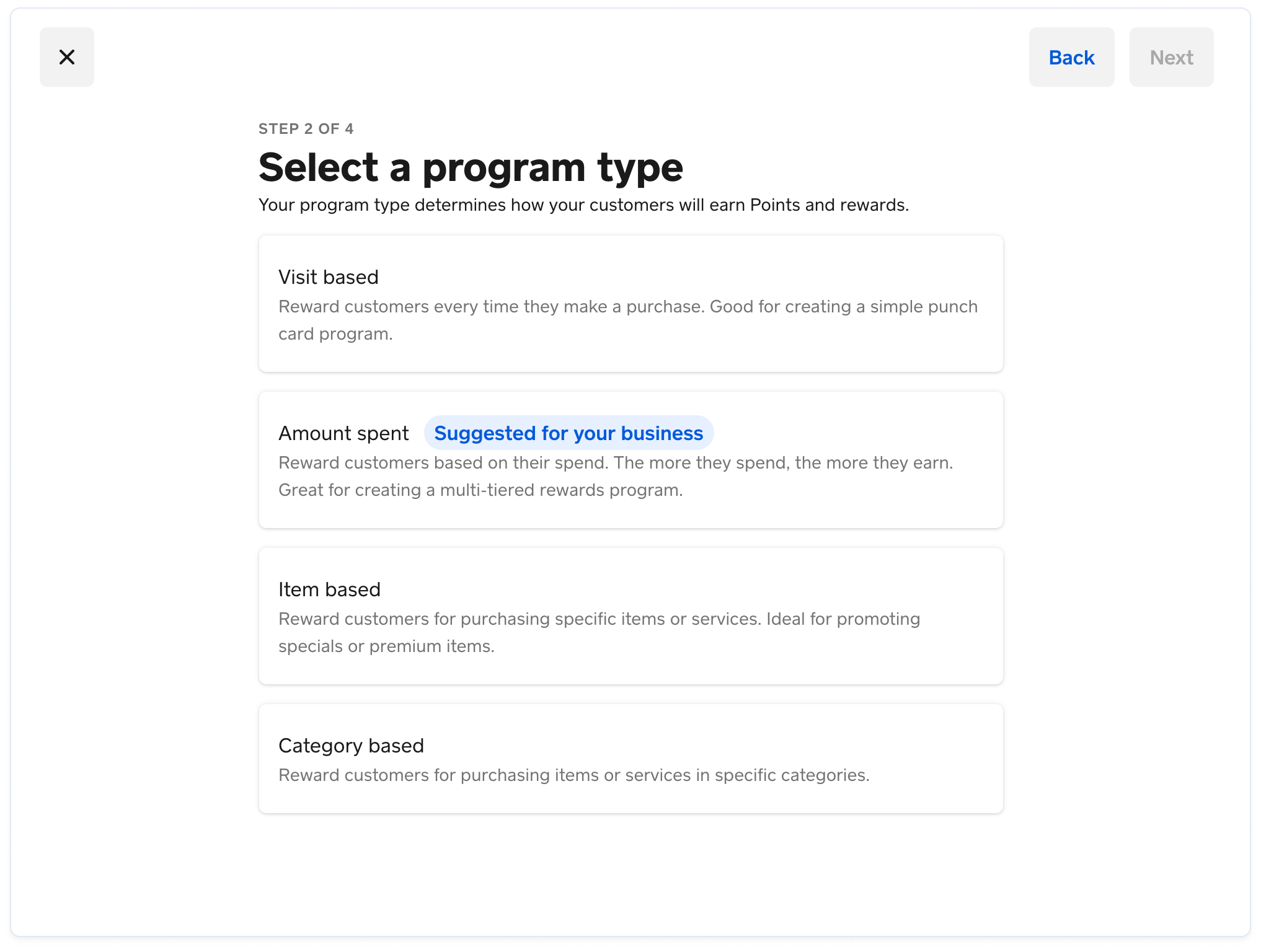 A screenshot showing how sellers can select a program type that defines how buyers can earn points.