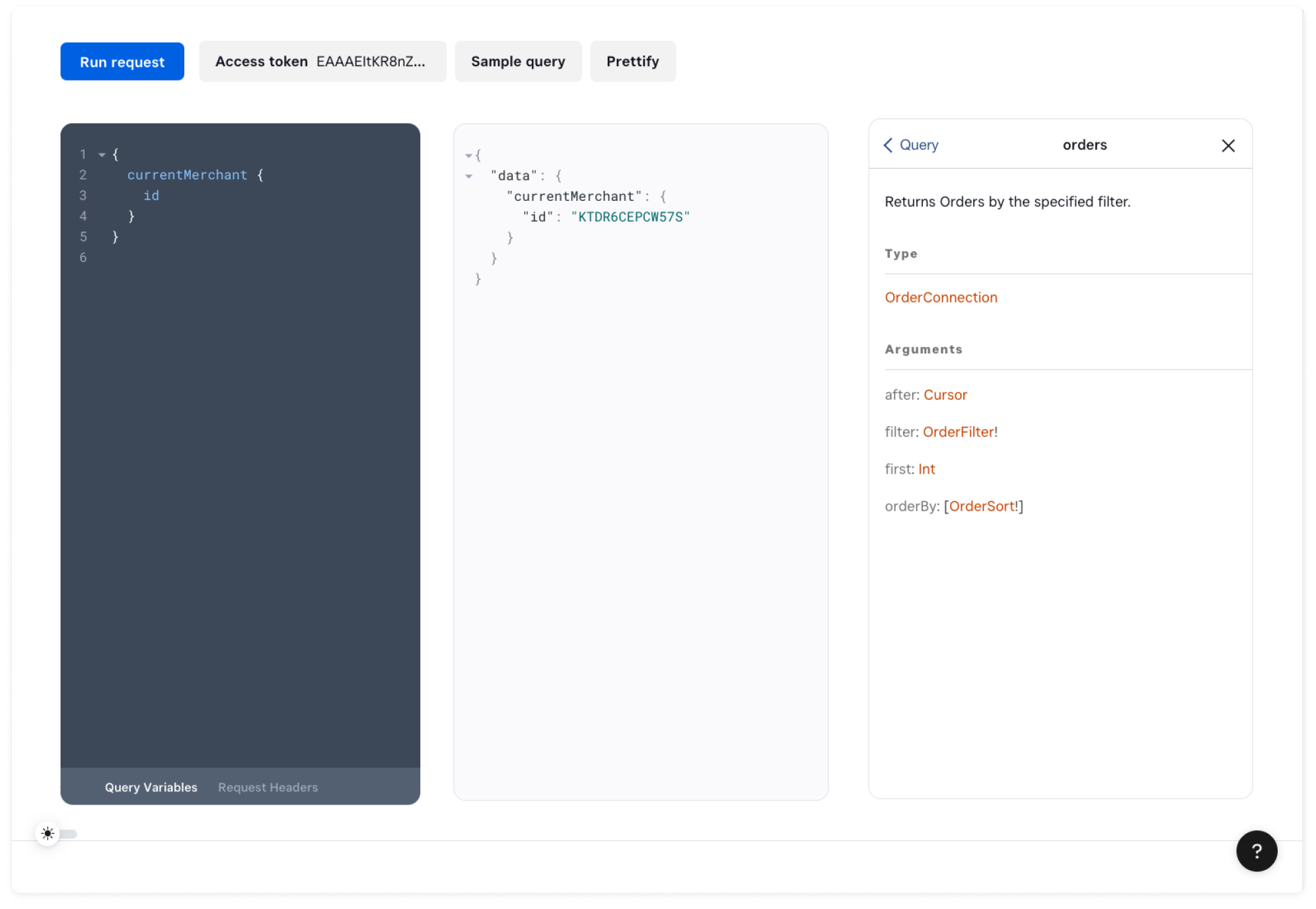 A screenshot of GraphQL Explorer with the orders entry point showing in Documentation Explorer.