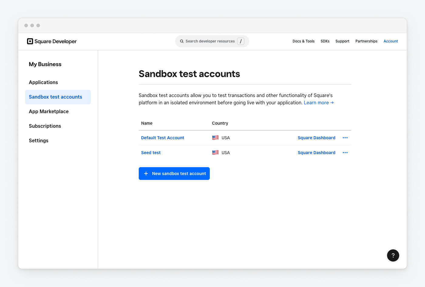 A screenshot of the Sandbox test accounts page in the Developer Console.