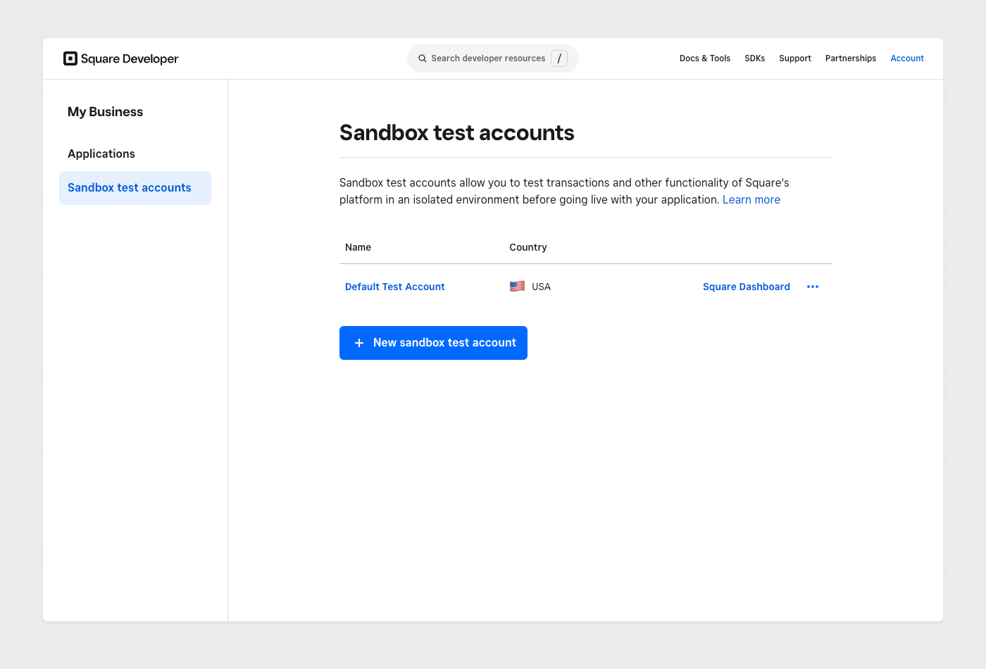 A screenshot of the Sandbox test accounts page in the Developer Console.