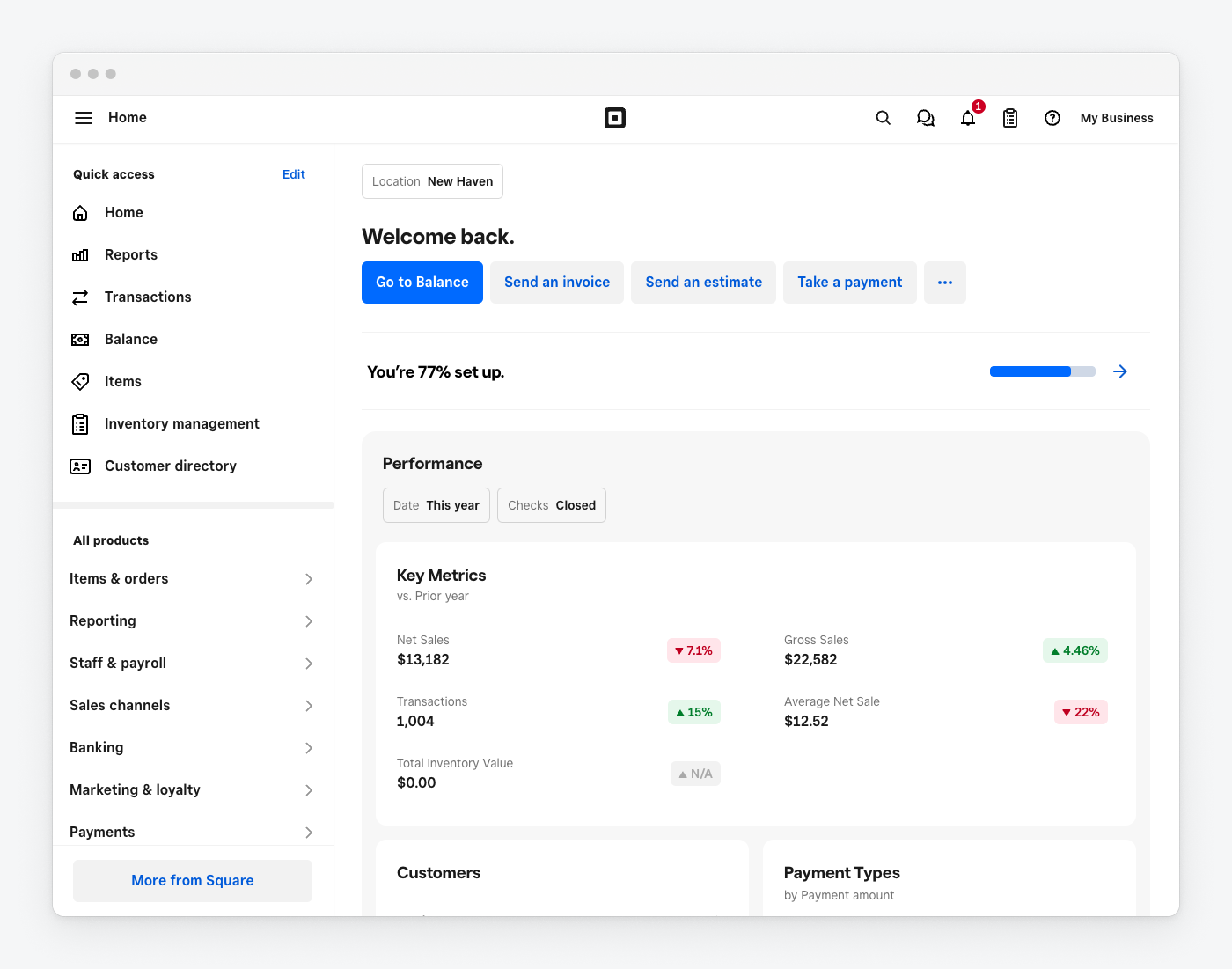 A screenshot showing the Home page of the Square Dashboard in the Sandbox environment.