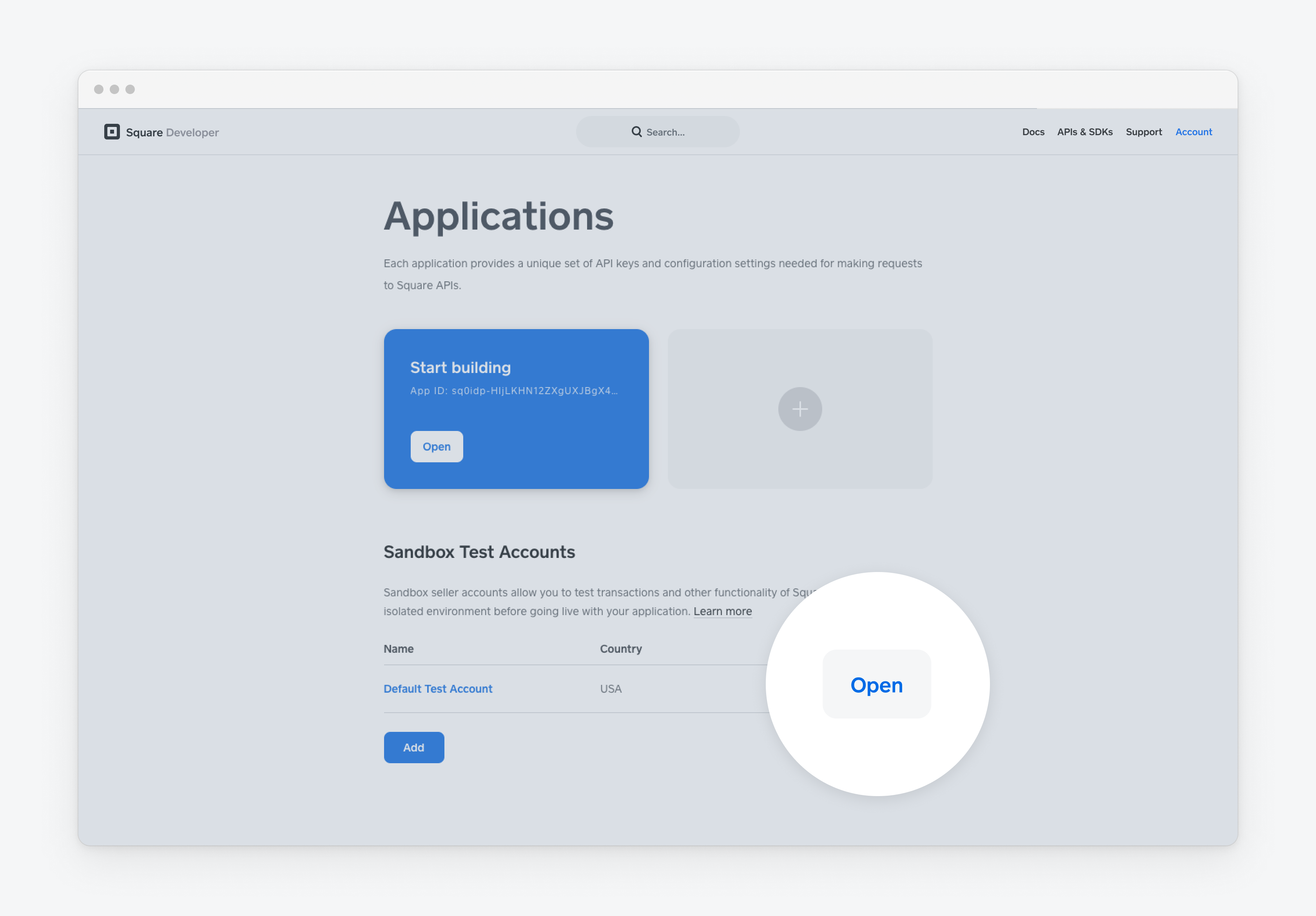 A graphic showing the Applications page of the Developer Console with the test account you used for the order-ahead sample application.