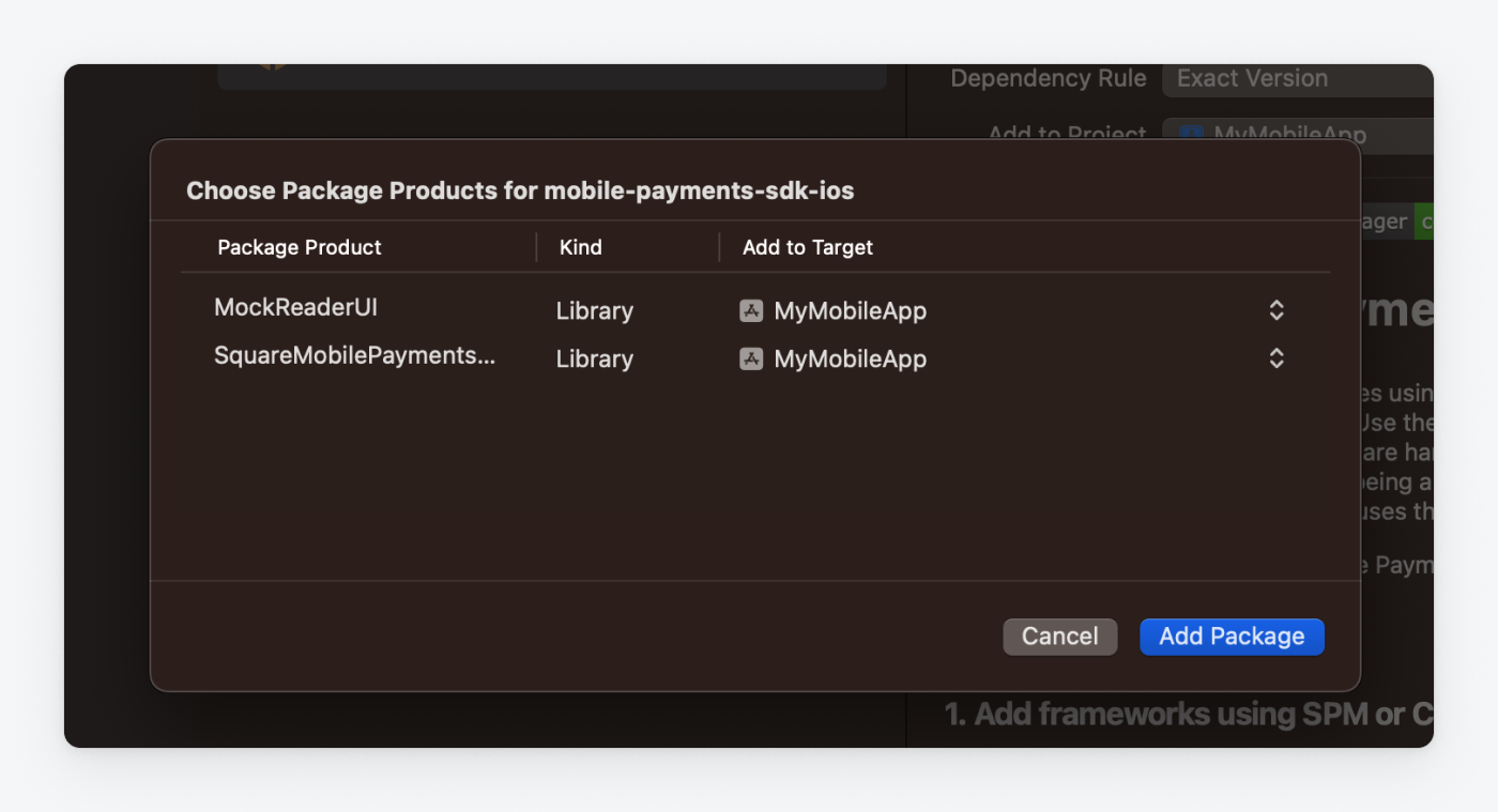 An Xcode screenshot showing the Mobile Payments SDK and the Mock Reader UI added to the application target.